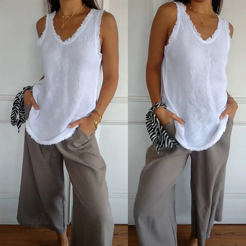 Women's casual linen look tank top with frayed hem U-neck and loose hip length StylebySassy