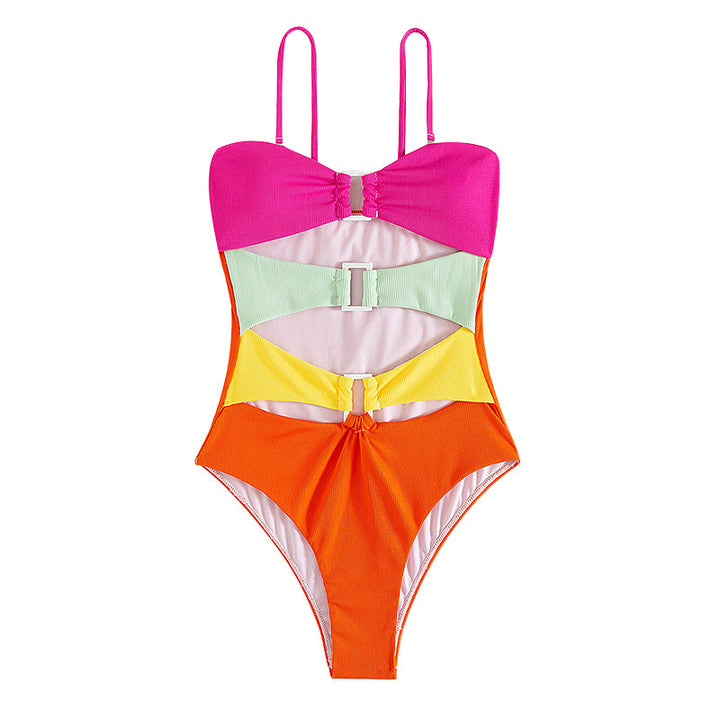 Women's one-piece swimsuit with colorful layered design and buckle StylebySassy