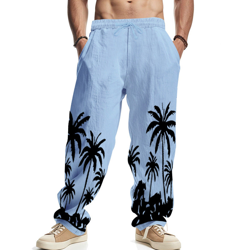Men's wide leisure pants made of cotton-linen blend with palm print, elastic waistband and drawstring StylebySassy