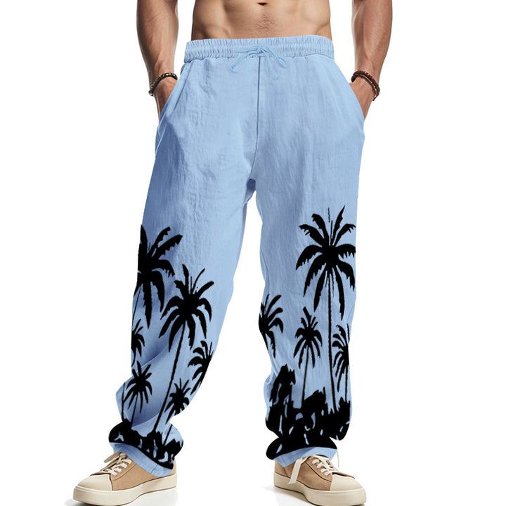 Men's wide leisure pants made of cotton-linen blend with palm print, elastic waistband and drawstring StylebySassy