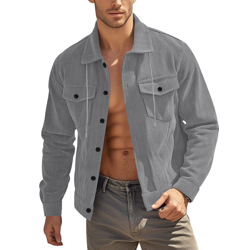 Men's casual fine ribbed cord jacket with stand-up collar, chest pockets and elastic hem StylebySassy