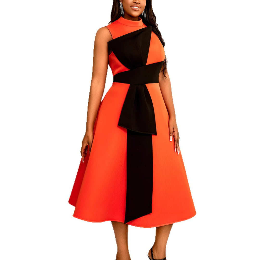 Women Elegant Midi Dress with Asymmetrical Cut and Voluminous Bow Accent