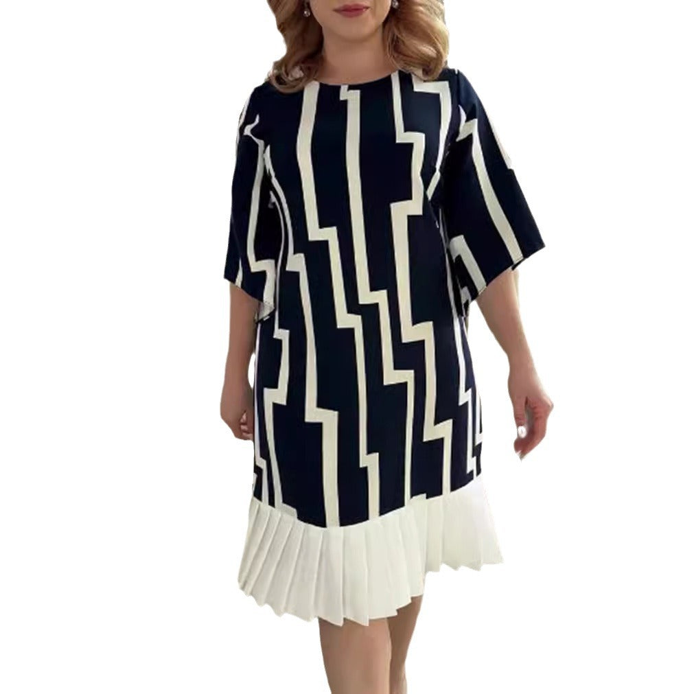 Women nan graphic A-line dress with pleated hem and three-quarter sleeves StylebySassy