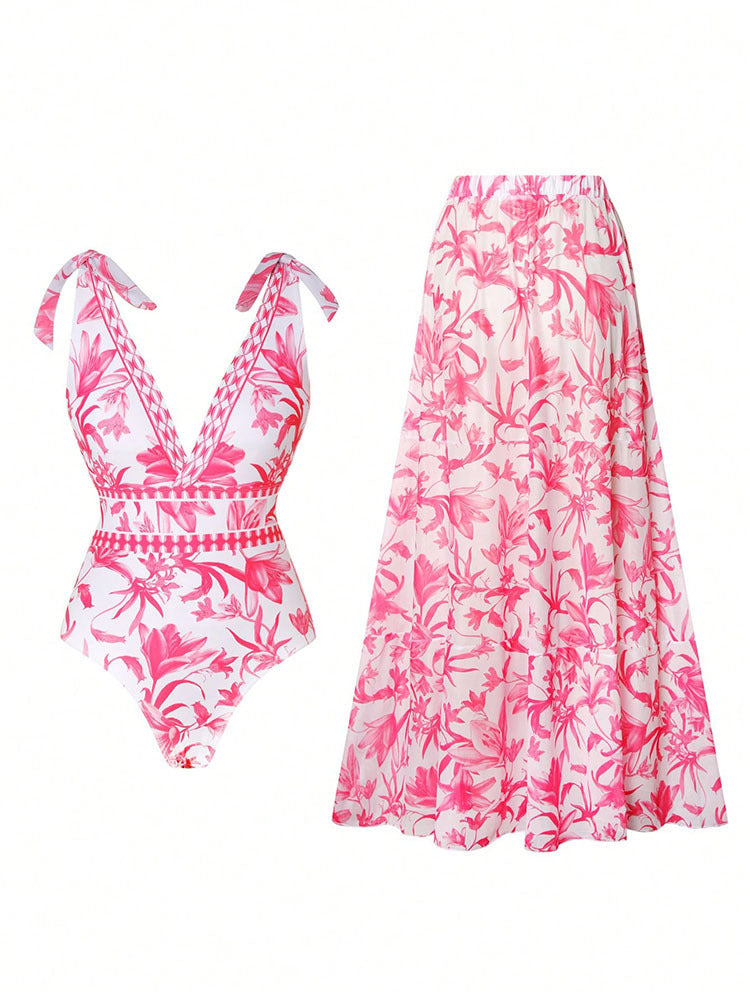 Women's swimsuit with floral design and matching skirt StylebySassy