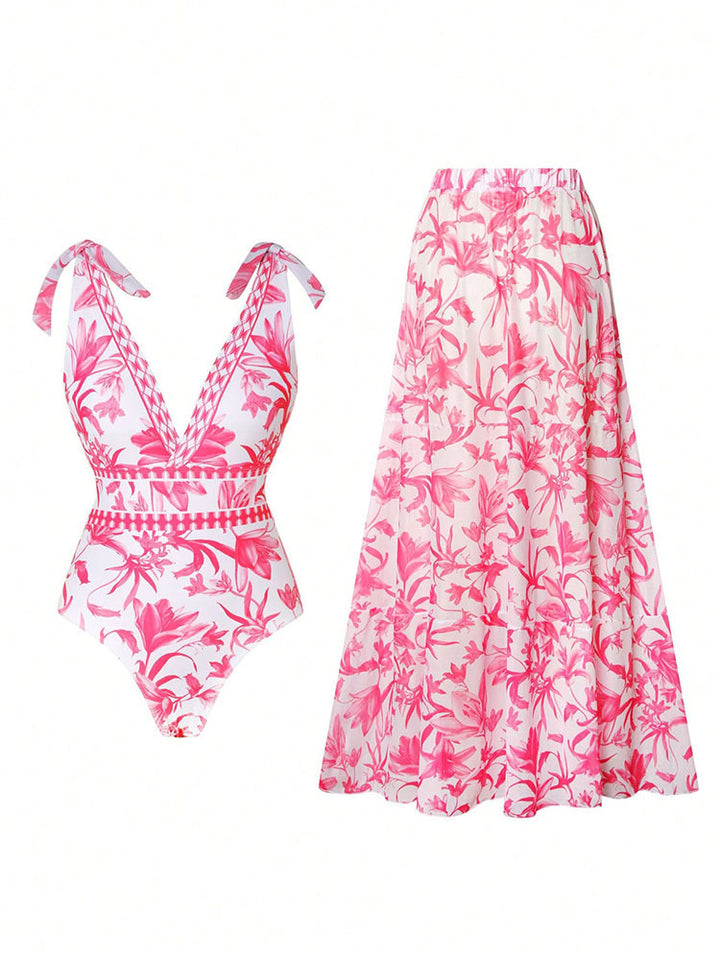Women's swimsuit with floral design and matching skirt StylebySassy
