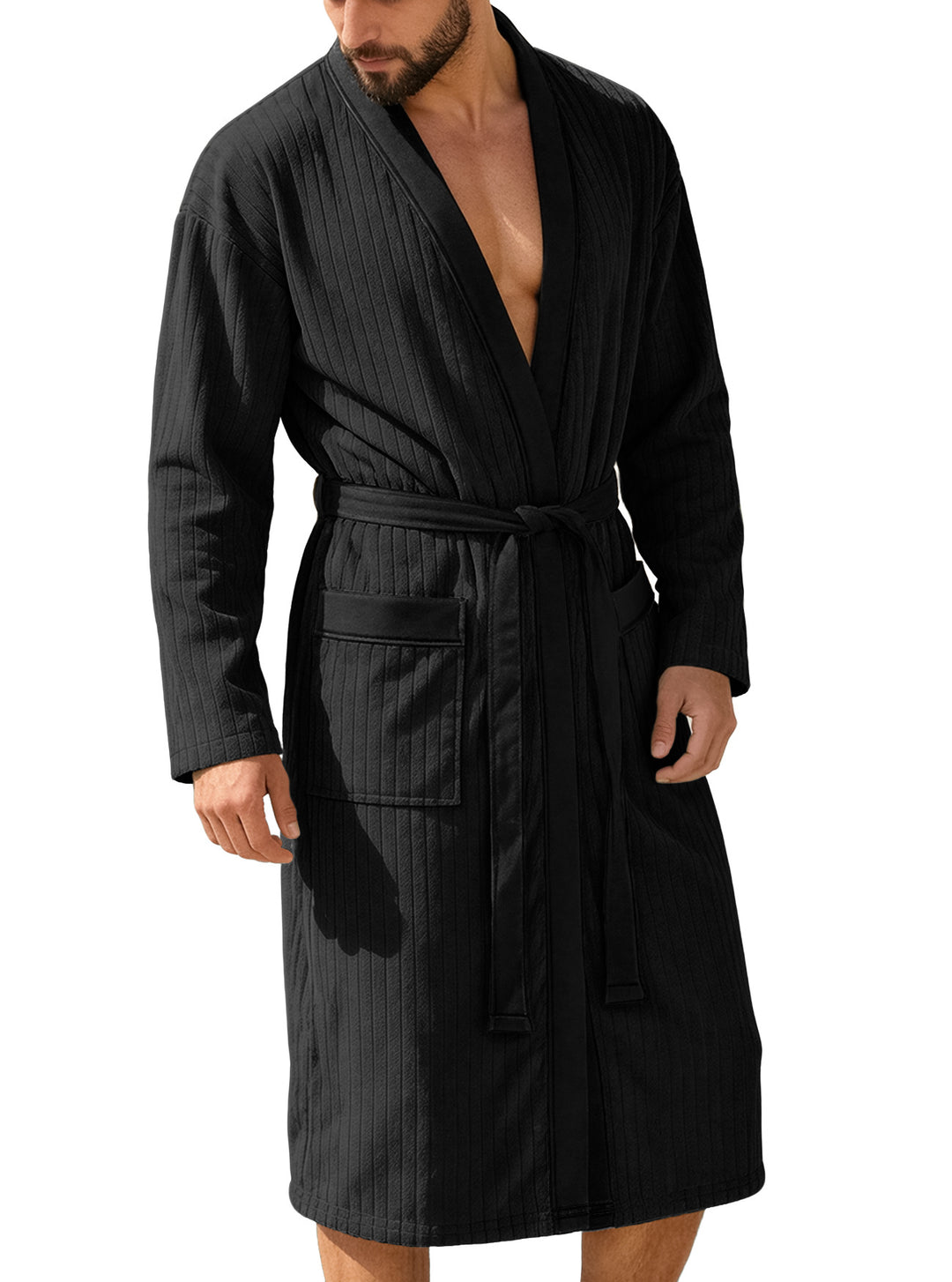 Men's knee-length ribbed kimono-style bathrobe with shawl collar and contrast piping StylebySassy