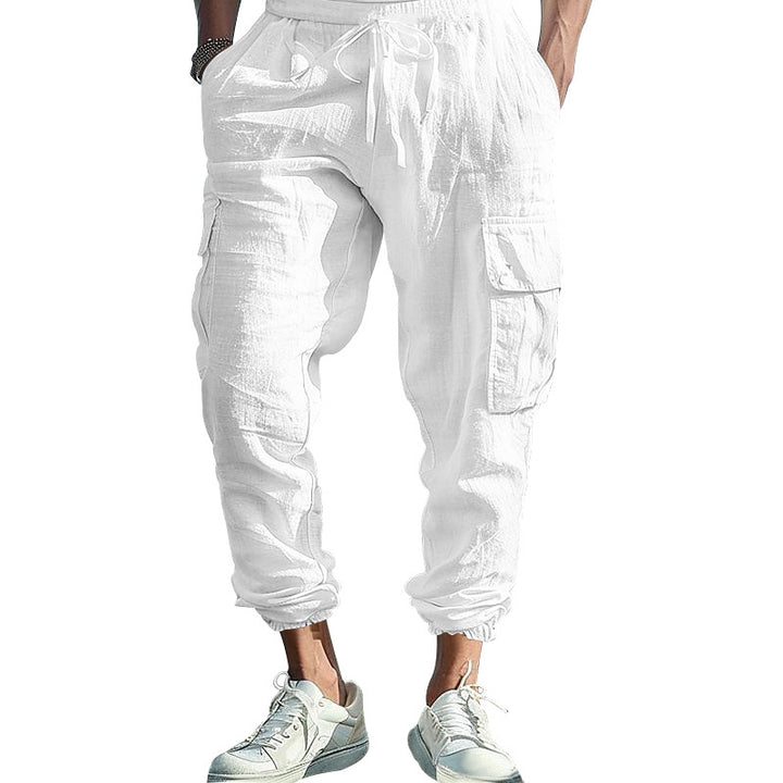 Men's Casual Linen Cargo Joggers with Drawstring Waist, Large Flap Pockets and Elastic Ankle Cuffs StylebySassy
