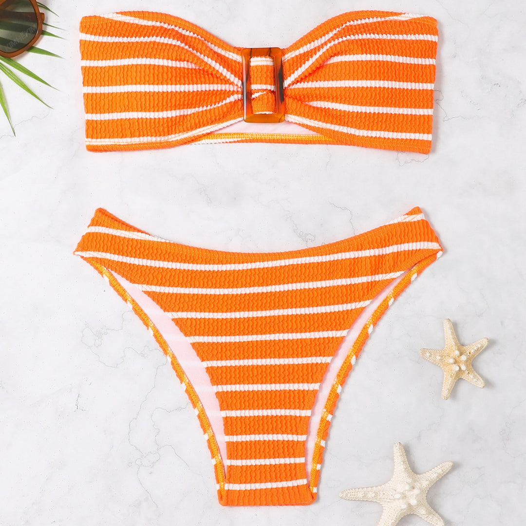 Women's bandeau bikini with a stylish striped pattern and decorative buckle StylebySassy