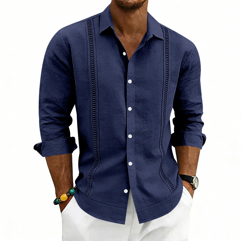 Men's casual linen blend shirt with vertical decorative stripes, Kent collar and relaxed fit StylebySassy
