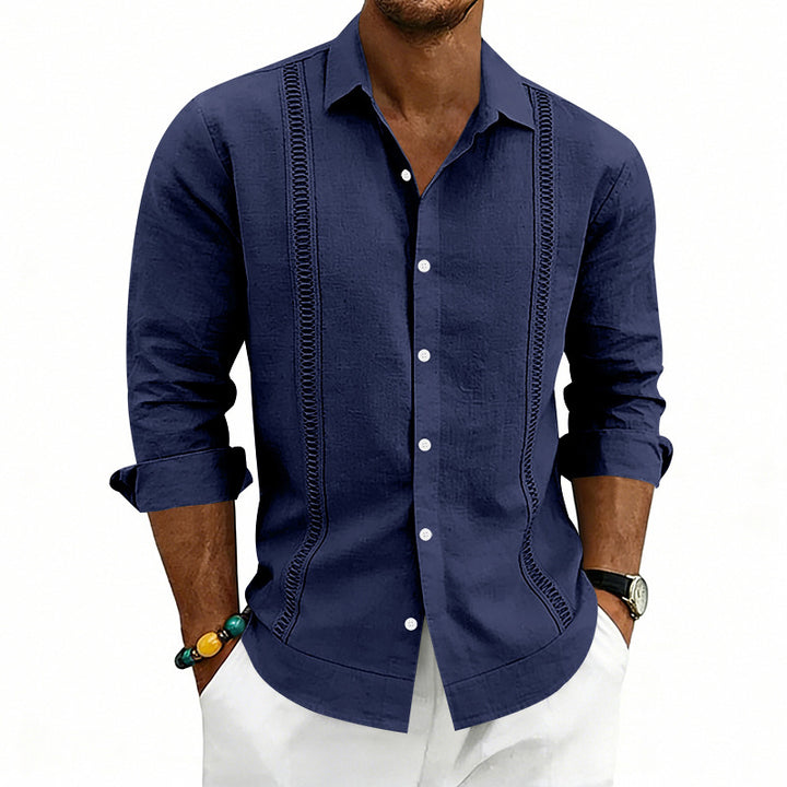 Men's casual linen blend shirt with vertical decorative stripes, Kent collar and relaxed fit StylebySassy