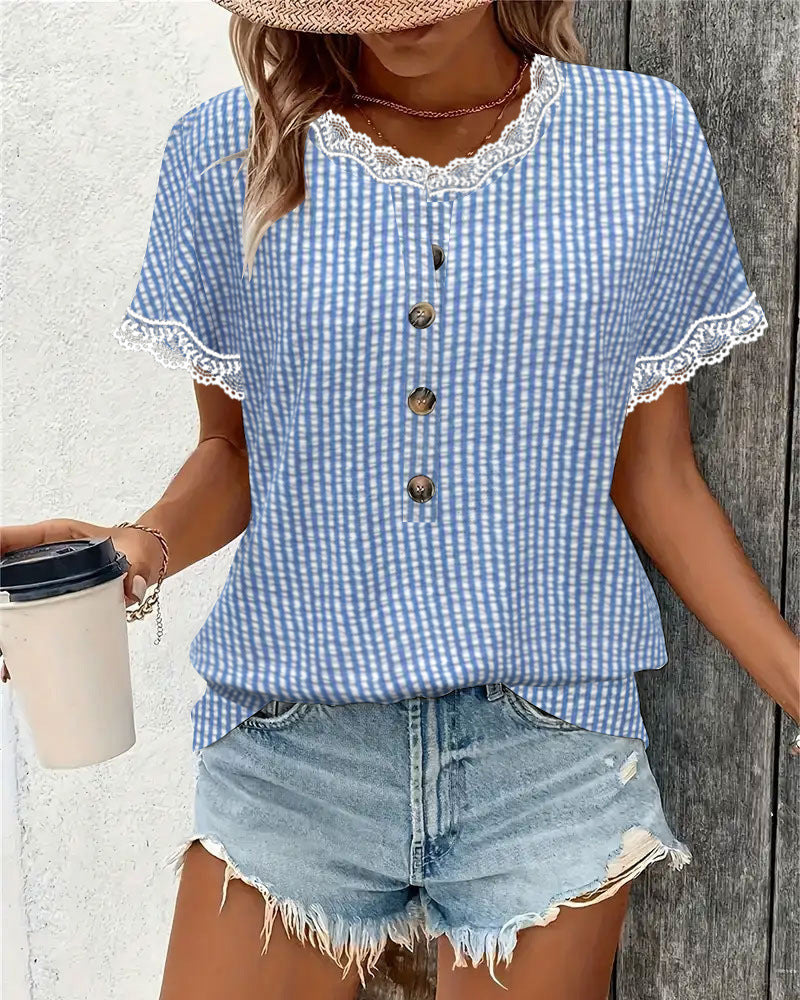 Women's short-sleeved Vichy check blouse with lace trim and decorative button placket StylebySassy
