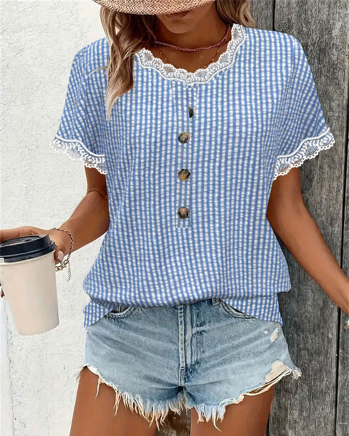 Women's short-sleeved Vichy check blouse with lace trim and decorative button placket StylebySassy