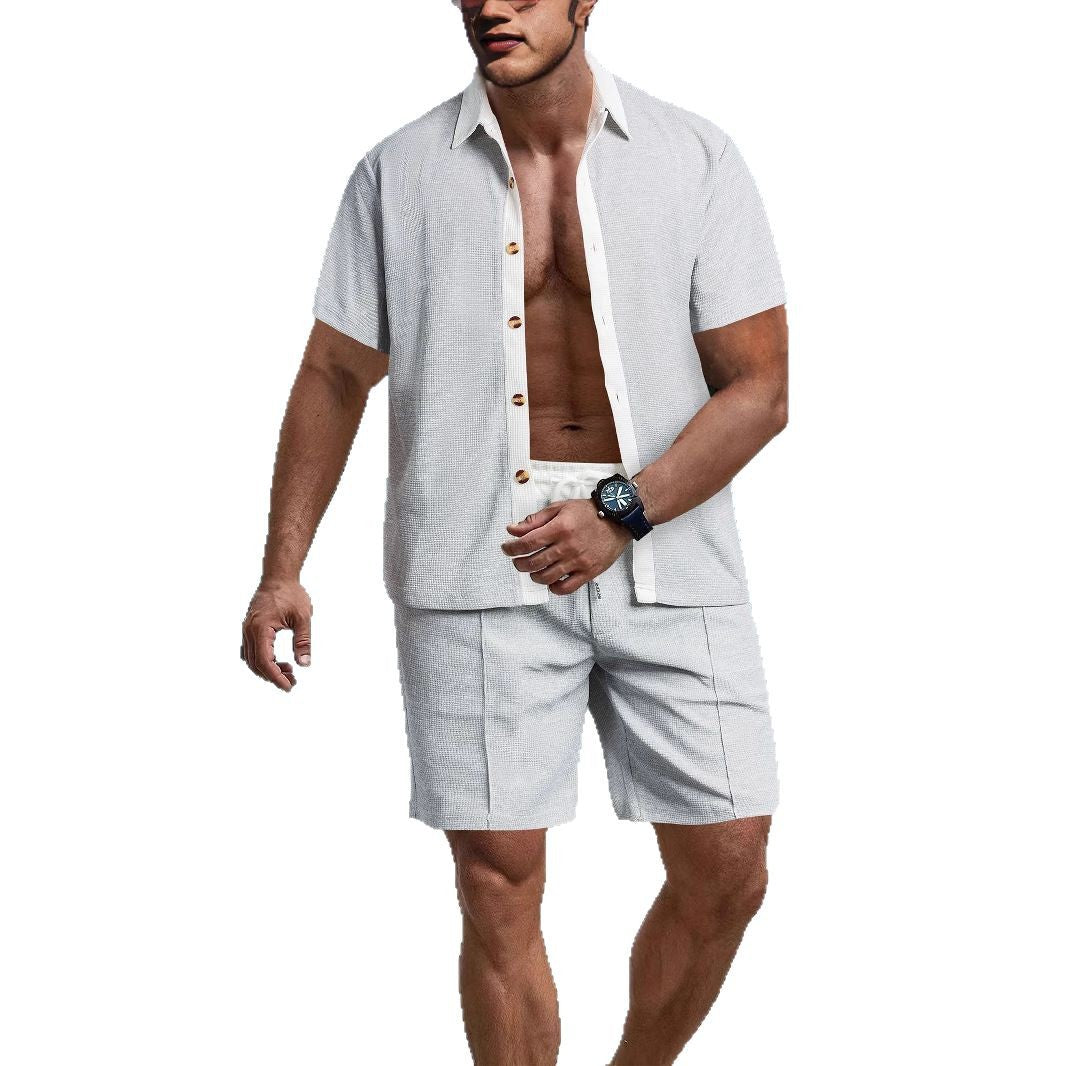 Men's modern leisure set made of fine textured jersey with shirt collar button placket and drawstring shorts StylebySassy