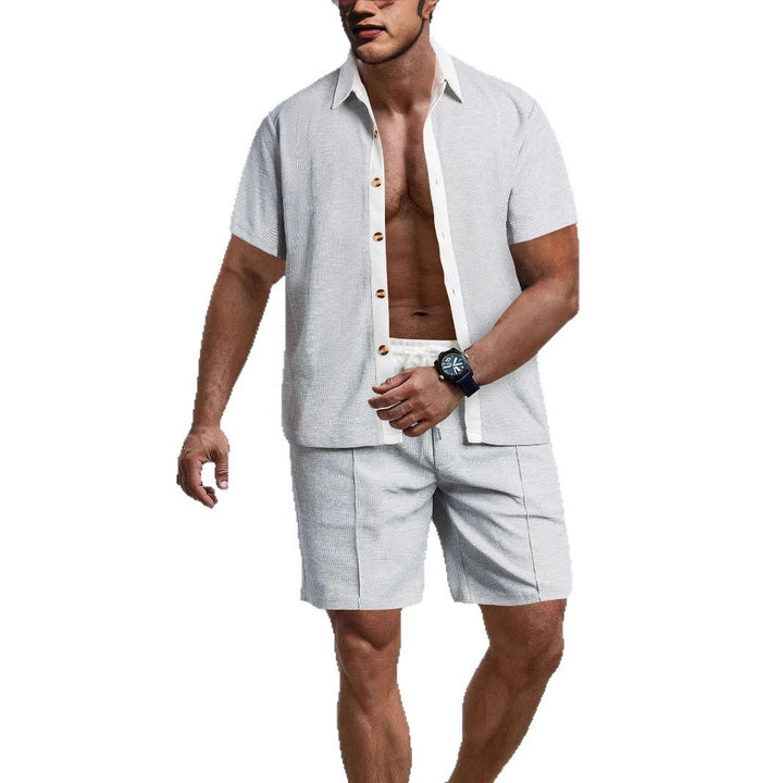 Men's modern leisure set made of fine textured jersey with shirt collar button placket and drawstring shorts StylebySassy