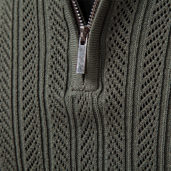 Men's knitted ajour sweater with short zipper and polo collar StylebySassy
