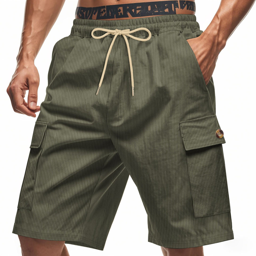 Men's casual utility bermuda with fine ribbed texture, elastic drawstring, and flap pockets StylebySassy