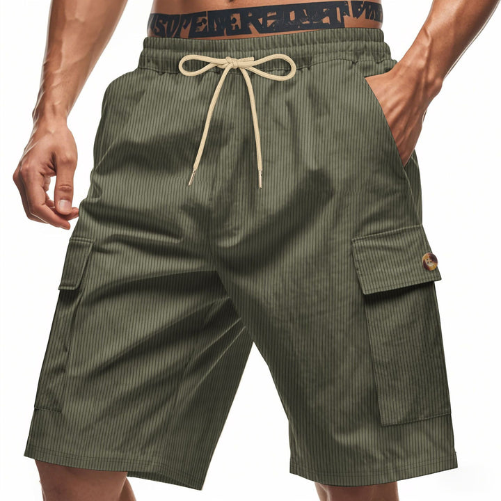 Men's casual utility bermuda with fine ribbed texture, elastic drawstring, and flap pockets StylebySassy