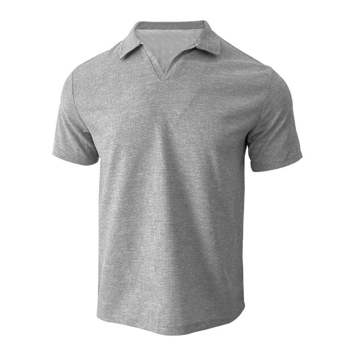Men's lightweight short-sleeve polo made from waffle jersey with an open V-neck and shirt collar StylebySassy