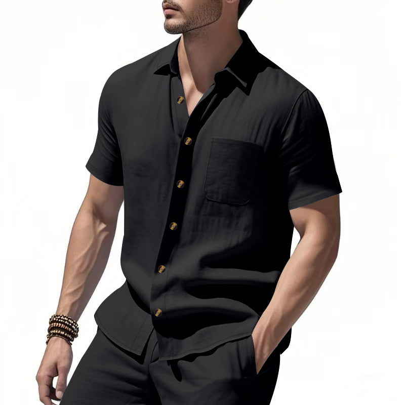 Men's short-sleeve resort shirt made of linen blend with chest pocket and drawstring Bermuda StylebySassy
