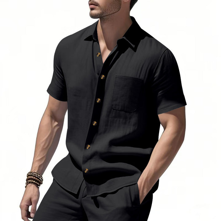 Men's short-sleeve resort shirt made of linen blend with chest pocket and drawstring Bermuda StylebySassy