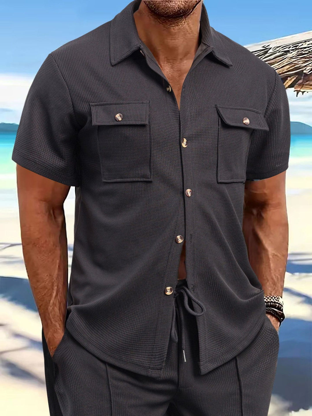 Men's structured waffle lounge set with shirt jacket, chest pockets and corded pants StylebySassy