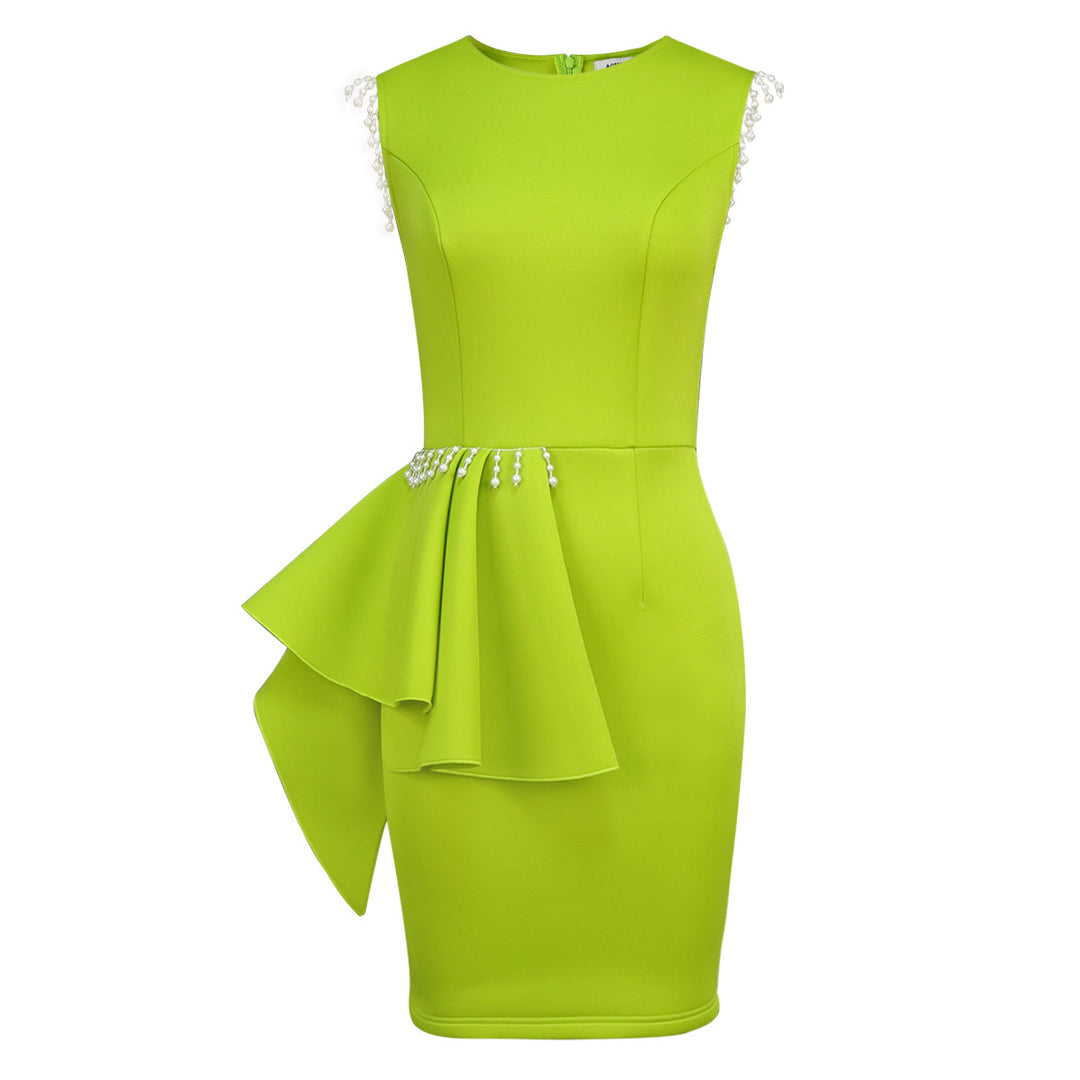 Women's sculpted dress with asymmetric ruffle and pearl accents StylebySassy