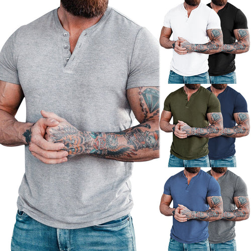 Men's muscle-fitting short-sleeve shirt with button placket and V-neck made of cotton stretch StylebySassy