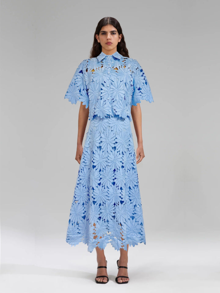 Ladies two-piece crochet lace set with shirt collar, short sleeves, and flared midi skirt StylebySassy