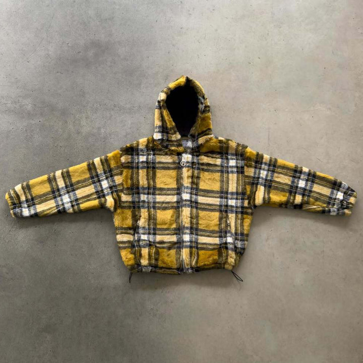 Unisex non-padded plaid fleece bomber jacket with hood drawstring and zippered pockets StylebySassy