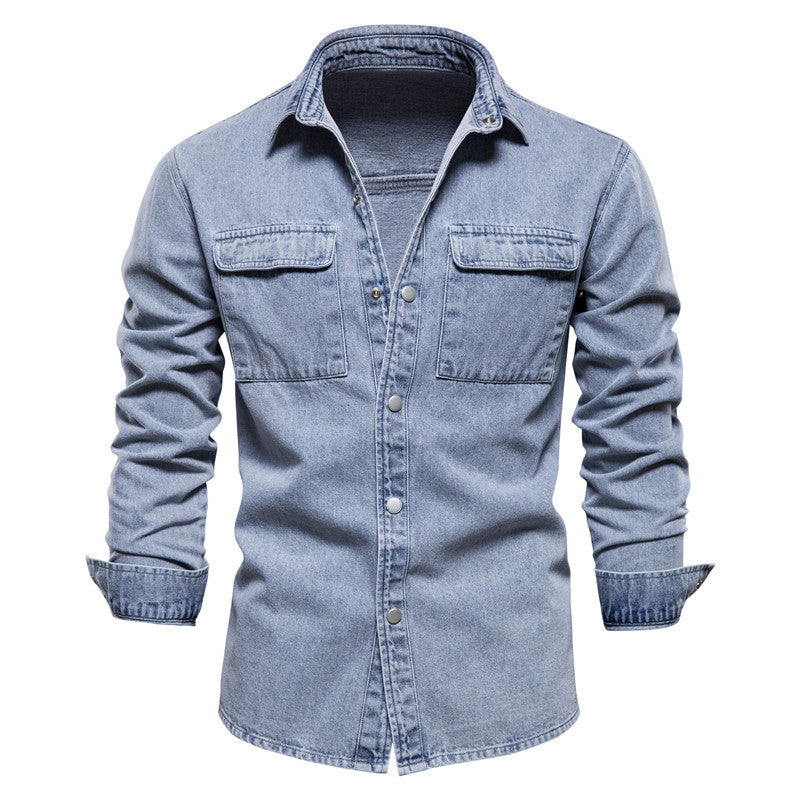 Men's casual jeans overshirt with snap button placket, patch chest pockets, and classic shirt collar StylebySassy