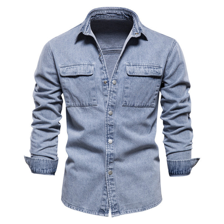 Men's casual jeans overshirt with snap button placket, patch chest pockets, and classic shirt collar StylebySassy