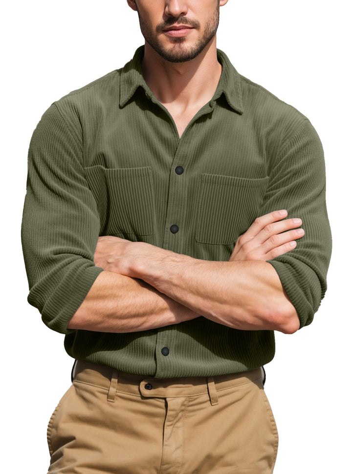 Men's textured casual overshirt with fine vertical ribbing, kent collar and patch chest pockets StylebySassy