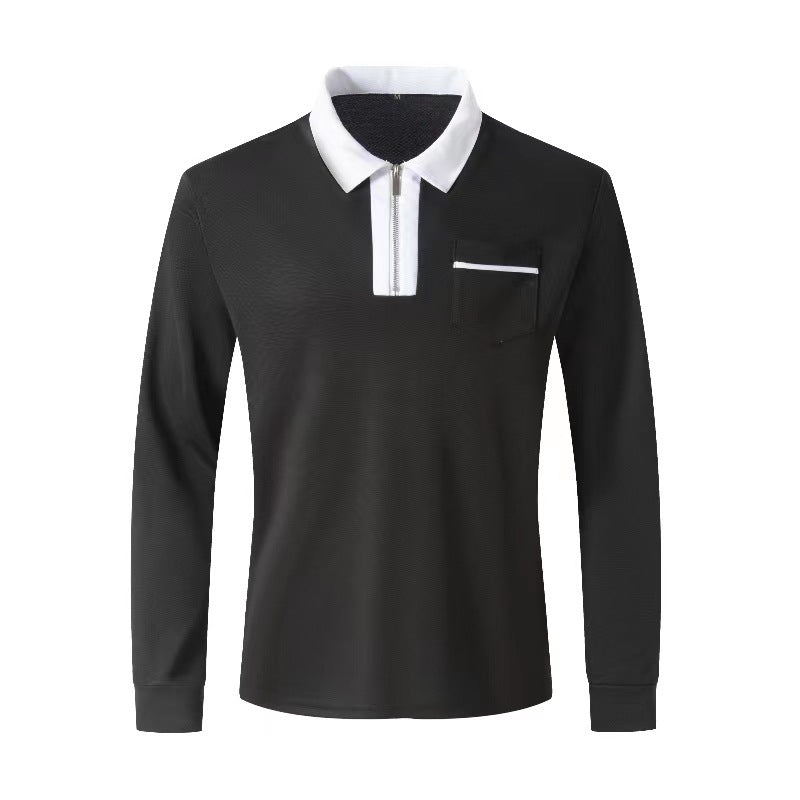 Men's elegant long-sleeve polo shirt with distinctive stand-up collar metal short zip and chest pocket StylebySassy