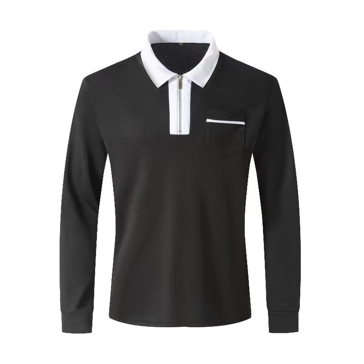 Men's elegant long-sleeve polo shirt with distinctive stand-up collar metal short zip and chest pocket StylebySassy