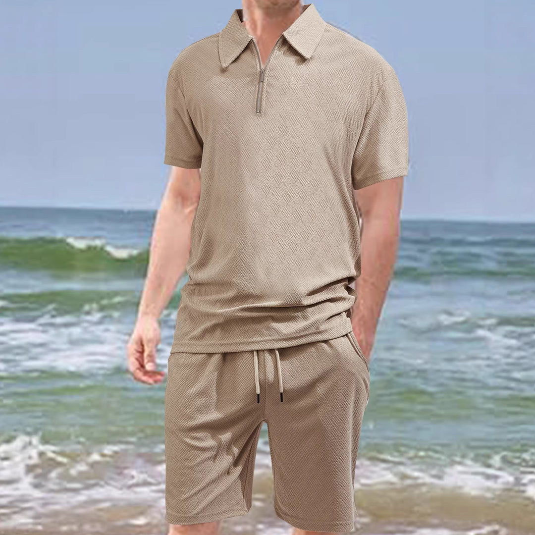 Men's comfortable short sleeve half zip set with polo collar and elastic cord pants made of textured knit StylebySassy