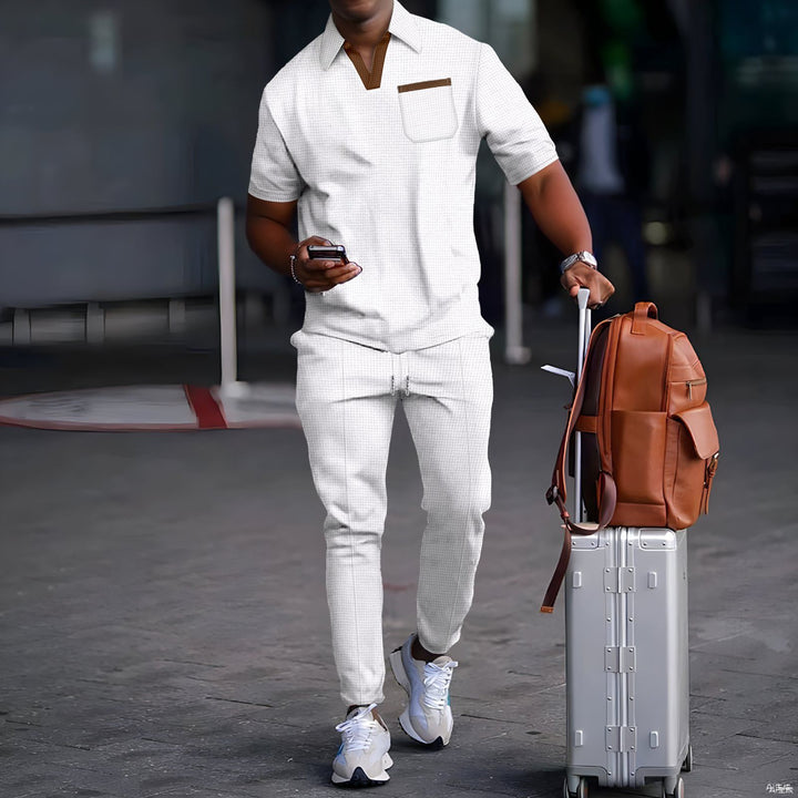 Men's casual leisure set made of elastic jersey with V-neck, chest pocket, and drawstring waistband StylebySassy