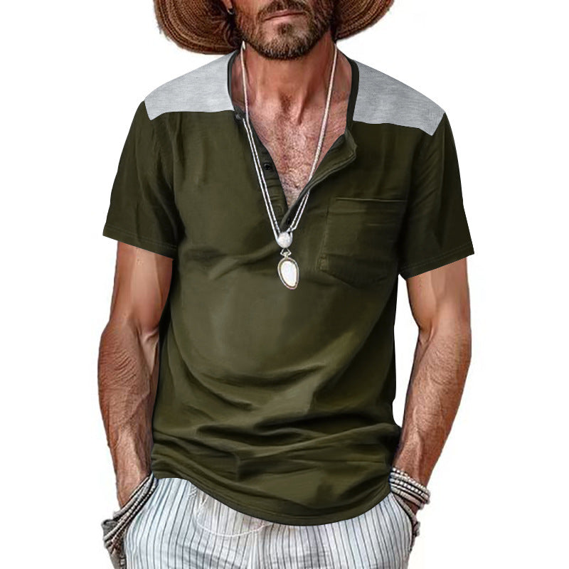 Men's short-sleeve henley shirt made of soft cotton blend with chest pocket and shoulder yoke StylebySassy