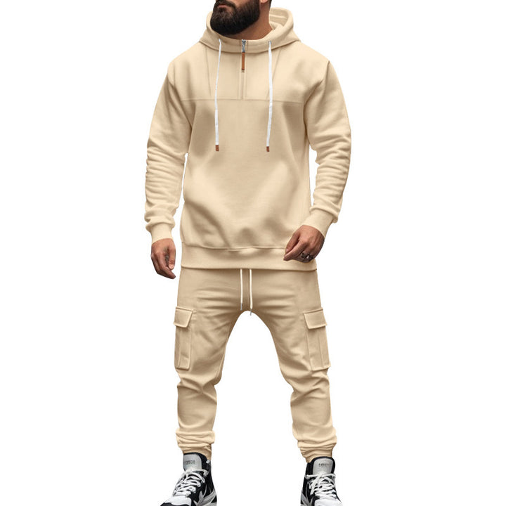 Men's cargo-style hooded sweatshirt and jogger set with short chest zipper and flap pockets StylebySassy