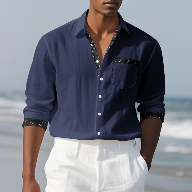 Men's casual linen blend shirt with contrasting trim on collar and cuffs as well as breast pocket StylebySassy