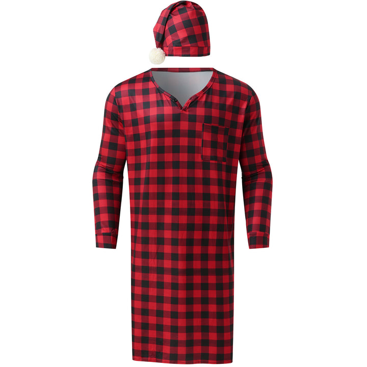 Men's long plaid nightgown with chest pocket and matching pointed hat StylebySassy