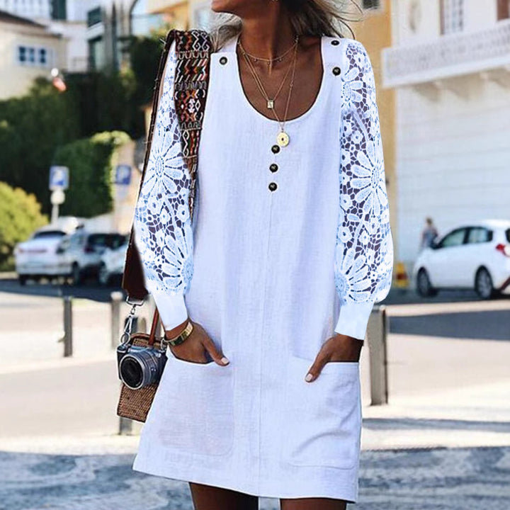 Women's relaxed linen mini dress with floral crochet sleeves, U-neckline and patch pockets StylebySassy