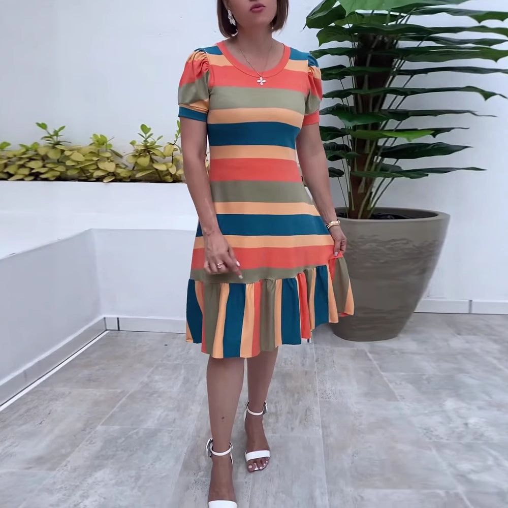Women's striped jersey dress A-line cut with short puff sleeves and ruffle hem StylebySassy