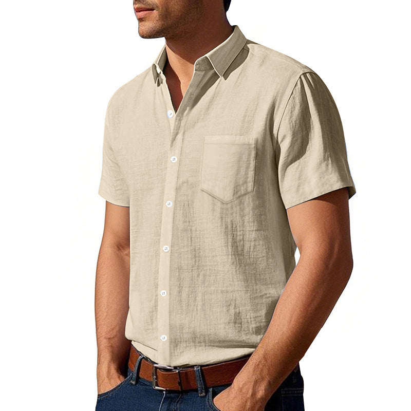 Men's short-sleeved cotton-linen casual shirt with Kent collar, chest pocket, and continuous button placket StylebySassy