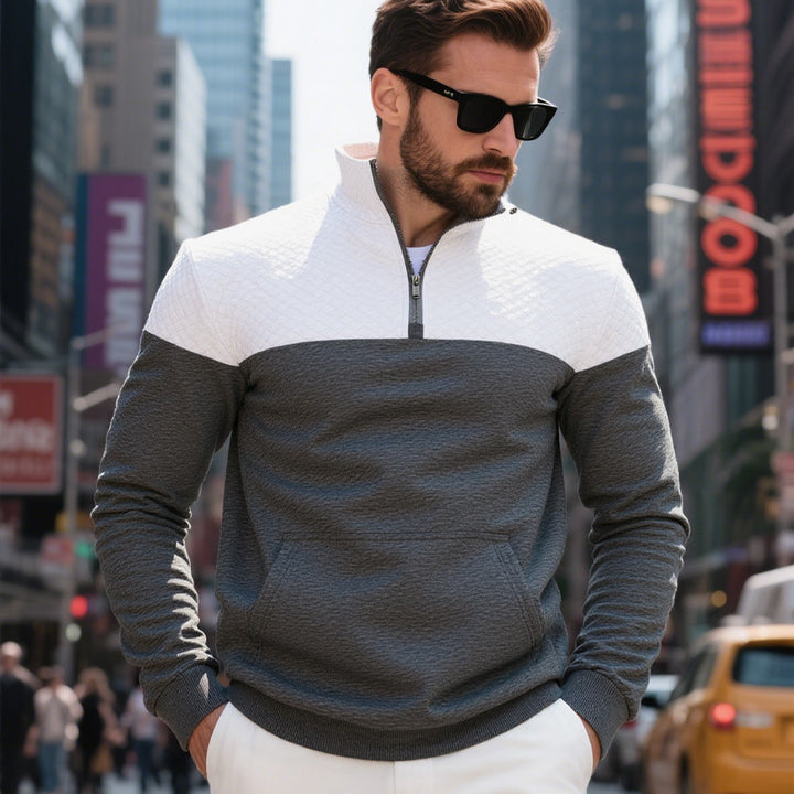 Men's quilted half-zip sweatshirt with kangaroo pocket and stand-up collar StylebySassy