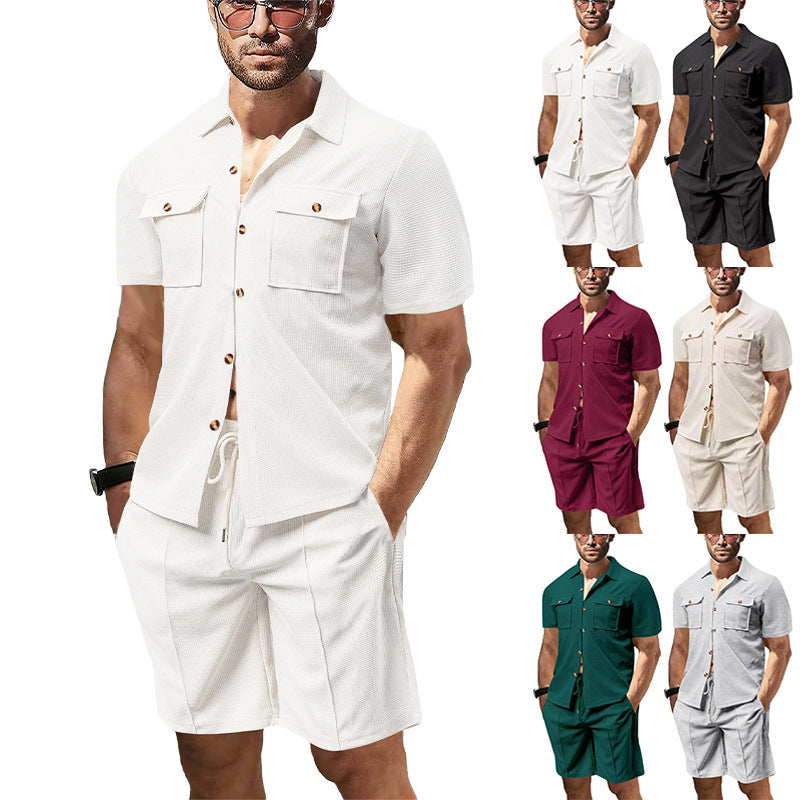 Men's structured short-sleeve shirt and bermuda set made of breathable cotton blend with chest pockets and drawstring StylebySassy