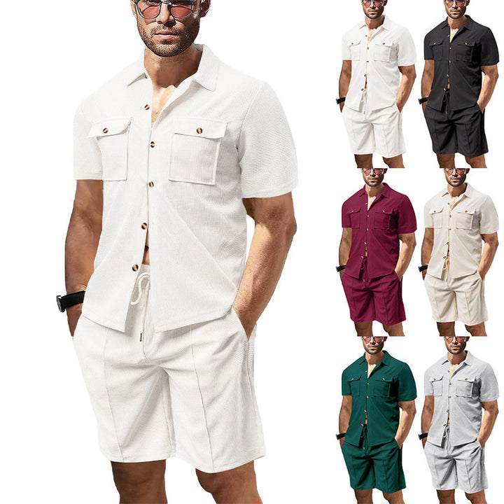 Men's structured short-sleeve shirt and bermuda set made of breathable cotton blend with chest pockets and drawstring StylebySassy