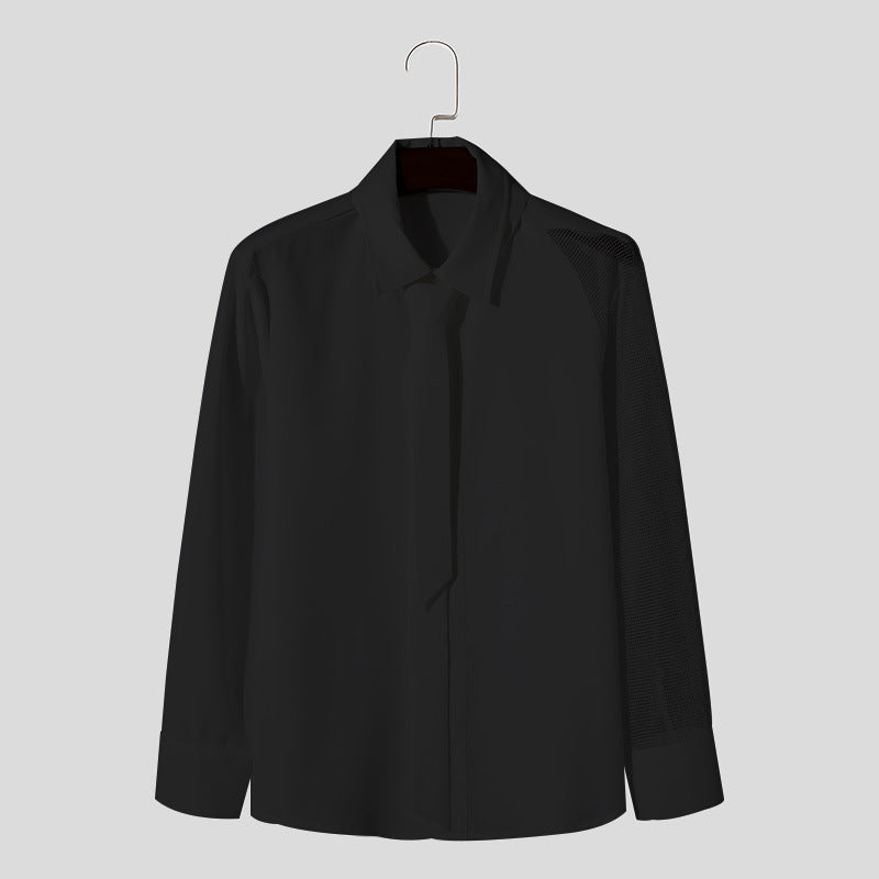 Women’s flowing blouse with attached bow, concealed button placket, and one-sided mesh sleeve detail StylebySassy