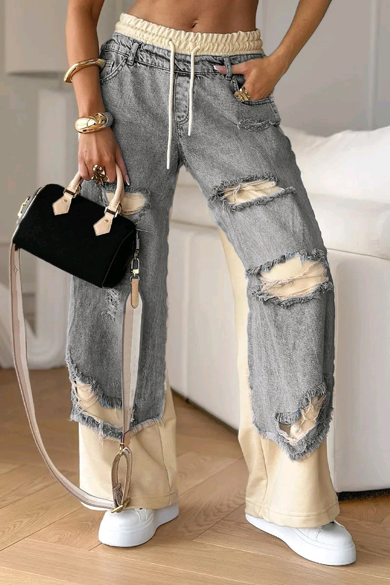 Women's double-layer jeans with appliquéd denim panels, elastic drawstring waistband, wide leg, and vintage-like rips StylebySassy