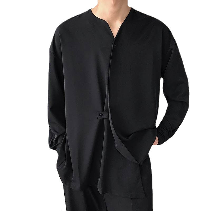 Men's loosely cut V-neck shirt with concealed button placket and band closure StylebySassy