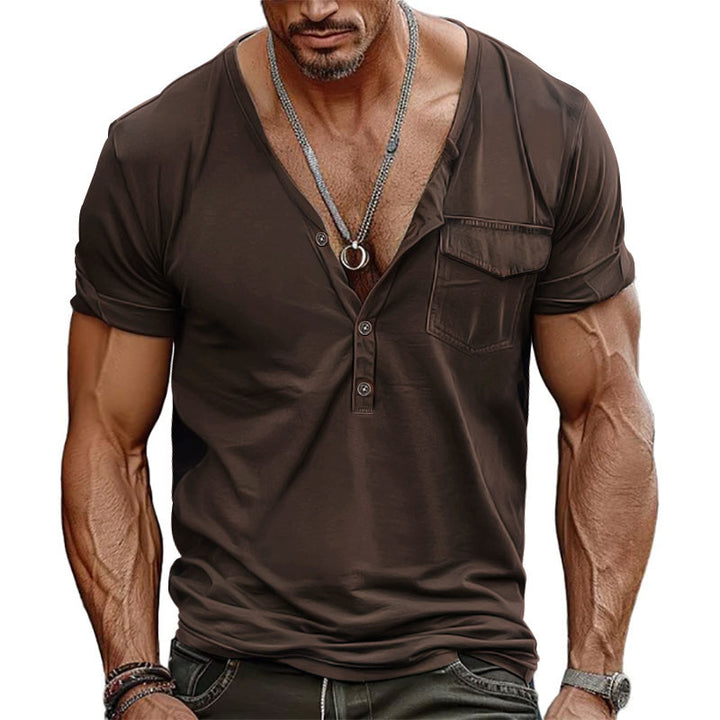 Men's nano athletic short sleeve shirt with deep V-neck, button placket and chest pocket StylebySassy